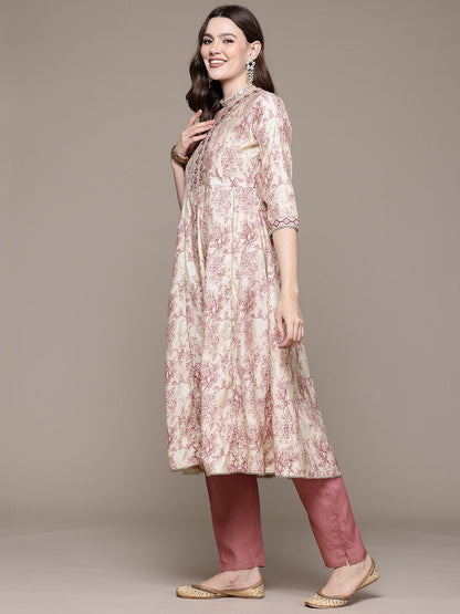 Anarkali style Silk fabric Mauve color kurta with Bottom and Dupatta