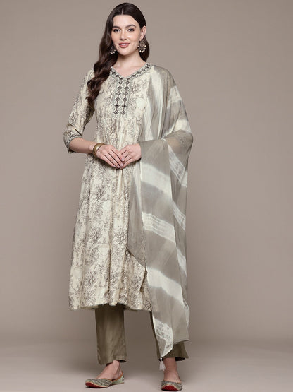 Anarkali style Silk fabric Grey color kurta with Bottom and Dupatta