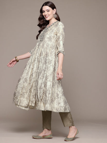 Anarkali style Silk fabric Grey color kurta with Bottom and Dupatta