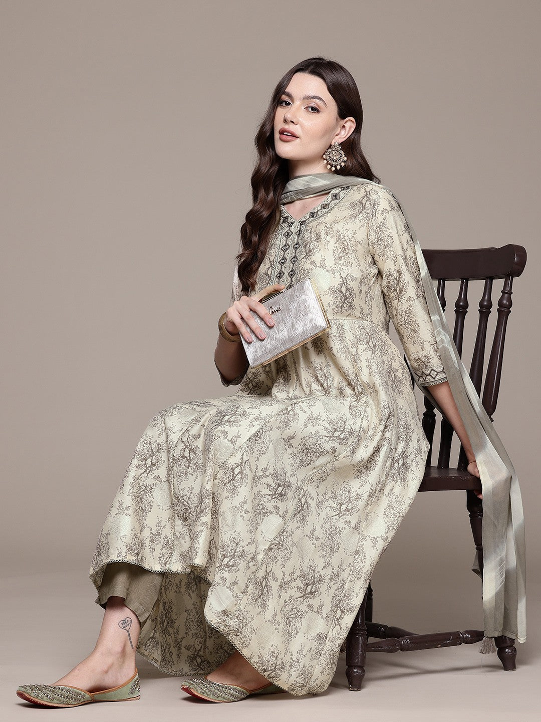 Anarkali style Silk fabric Grey color kurta with Bottom and Dupatta