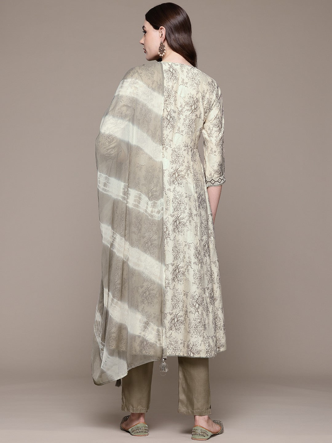 Anarkali style Silk fabric Grey color kurta with Bottom and Dupatta