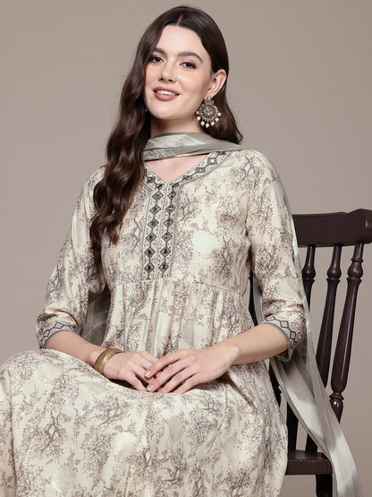 Anarkali style Silk fabric Grey color kurta with Bottom and Dupatta