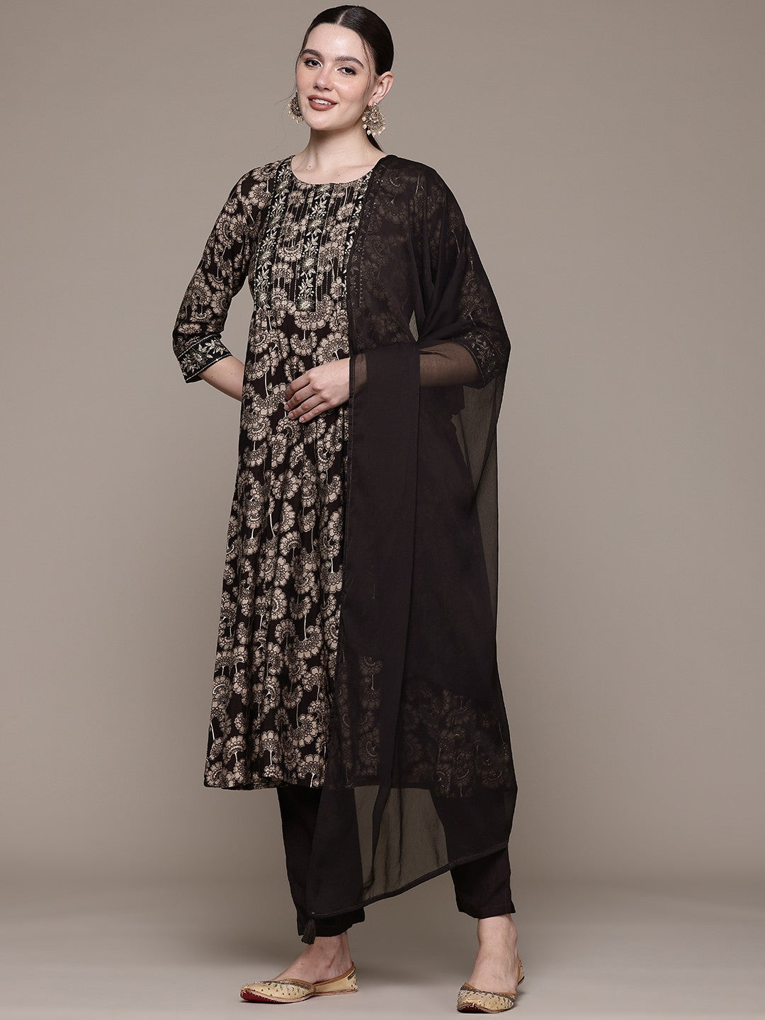Anarkali style Silk fabric Black color kurta with Bottom and Dupatta
