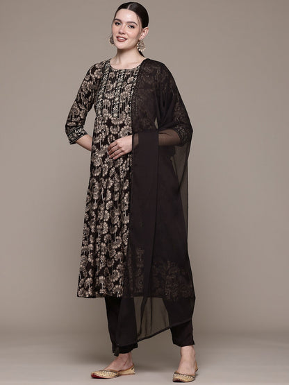 Anarkali style Silk fabric Black color kurta with Bottom and Dupatta