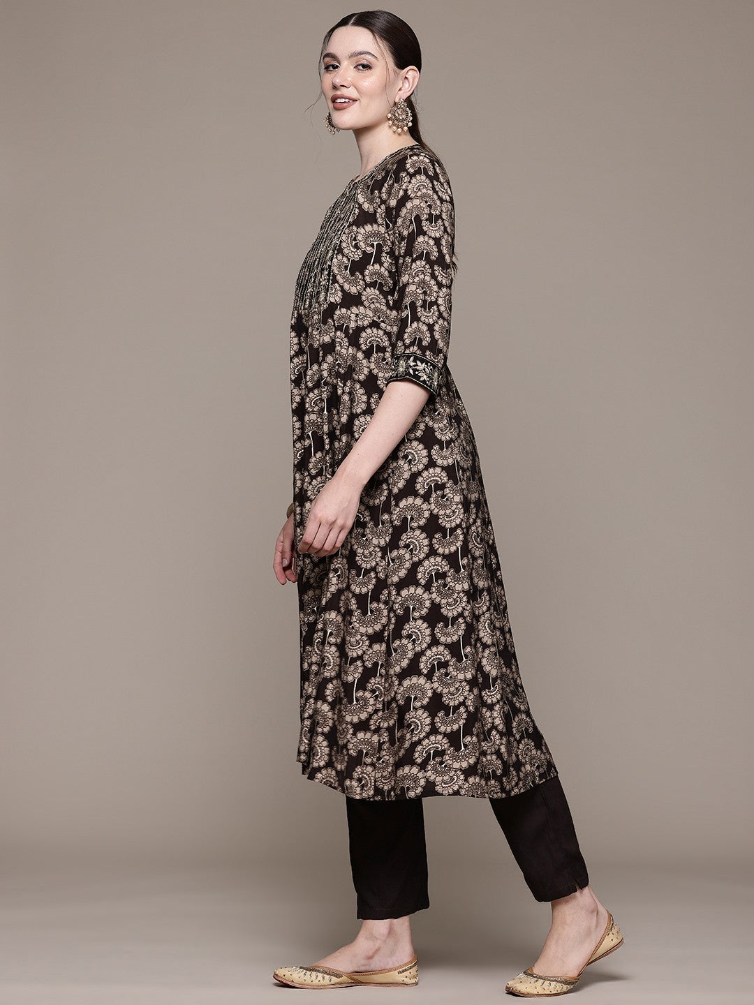 Anarkali style Silk fabric Black color kurta with Bottom and Dupatta