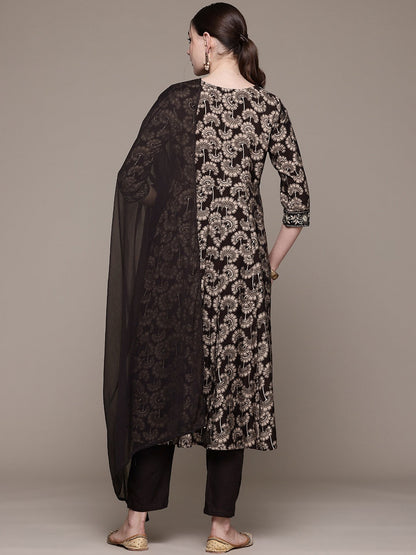 Anarkali style Silk fabric Black color kurta with Bottom and Dupatta