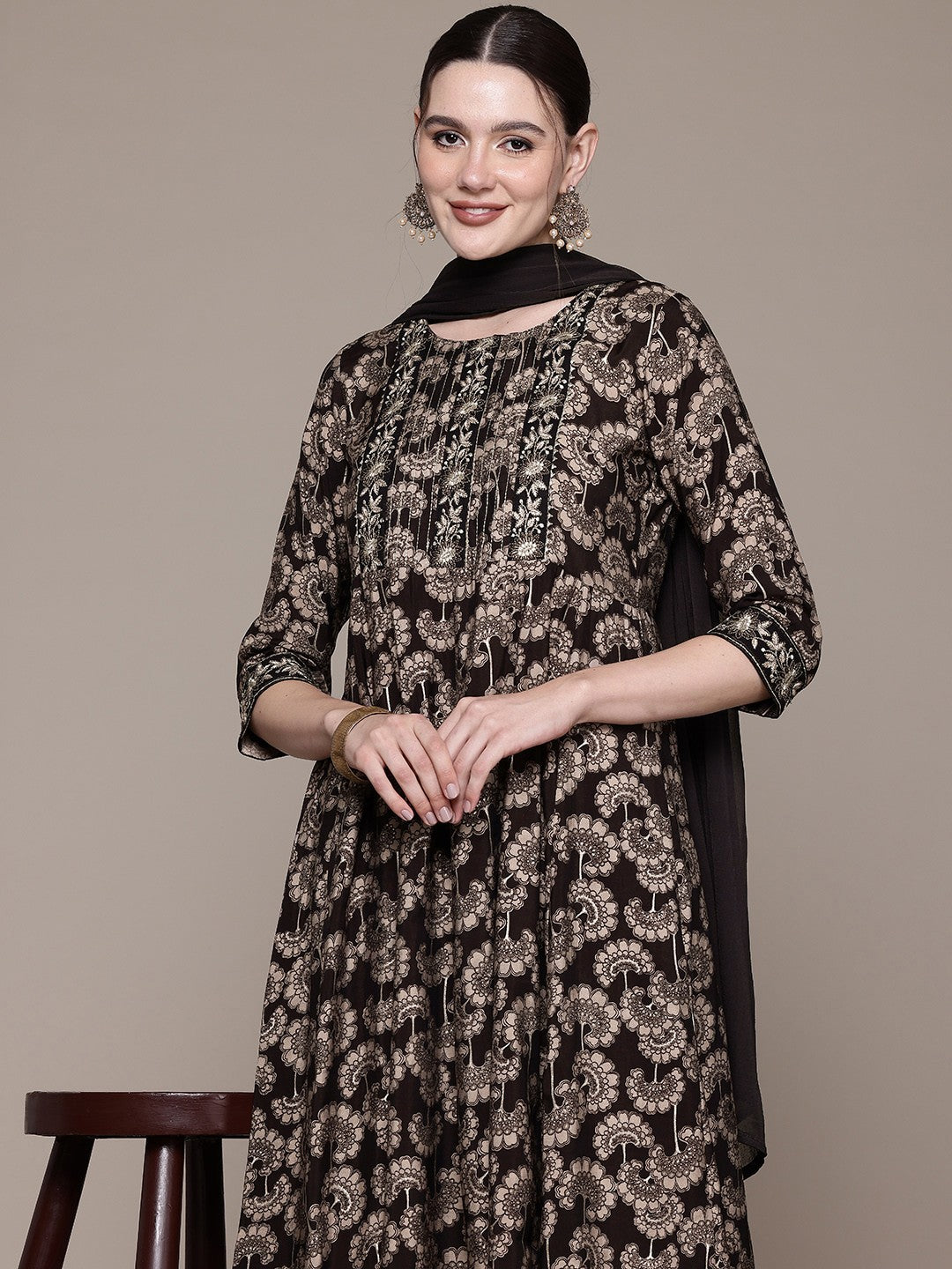 Anarkali style Silk fabric Black color kurta with Bottom and Dupatta