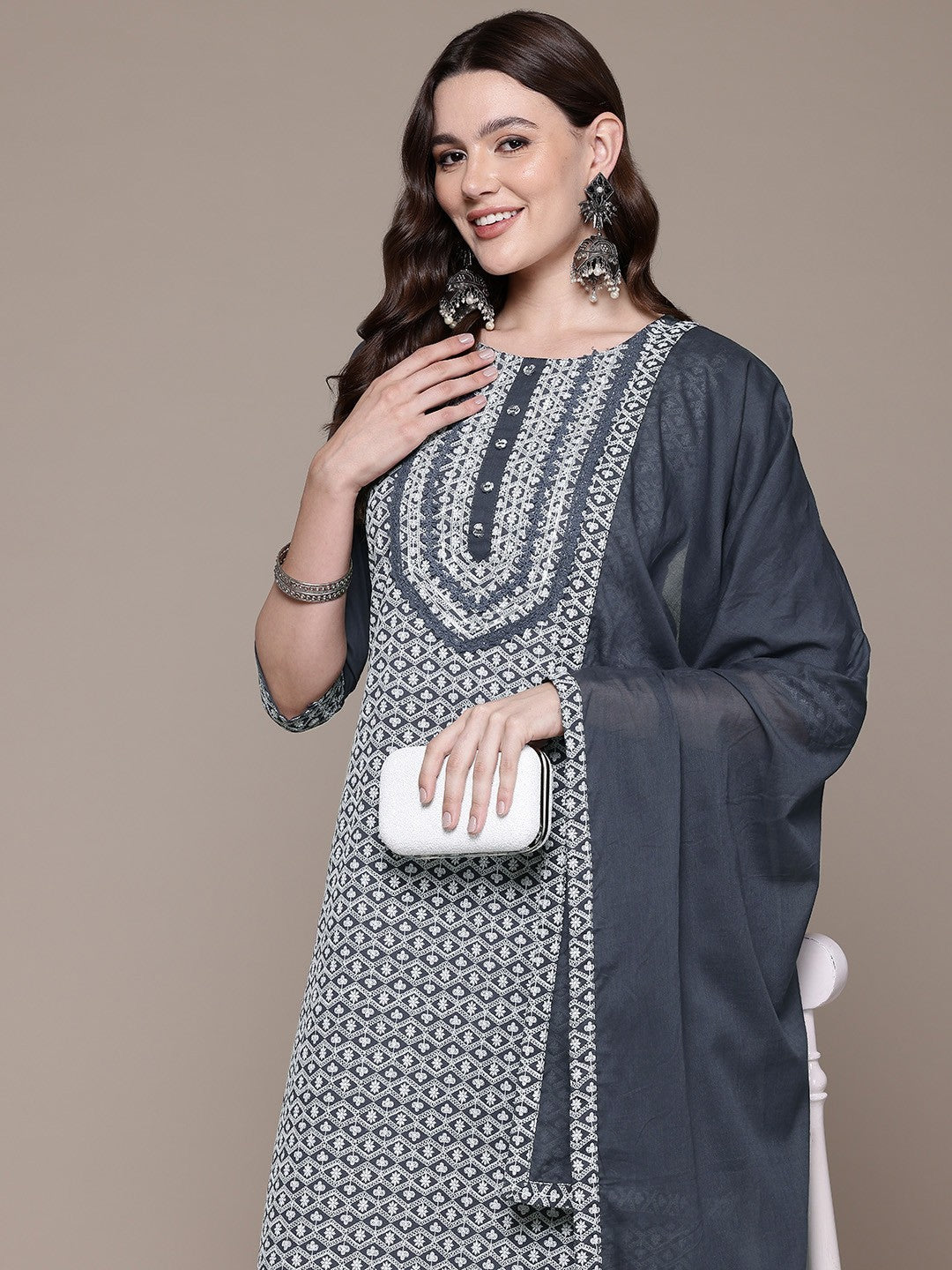 Straight style Cotton fabric Grey color kurta with Bottom and Dupatta