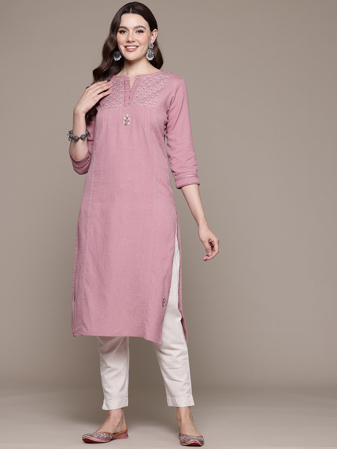 Straight style Cotton fabric Mauve color kurta with Bottom