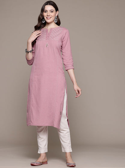 Straight style Cotton fabric Mauve color kurta with Bottom