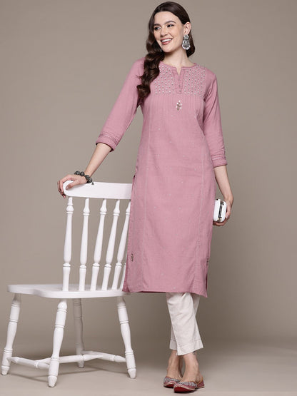 Straight style Cotton fabric Mauve color kurta with Bottom