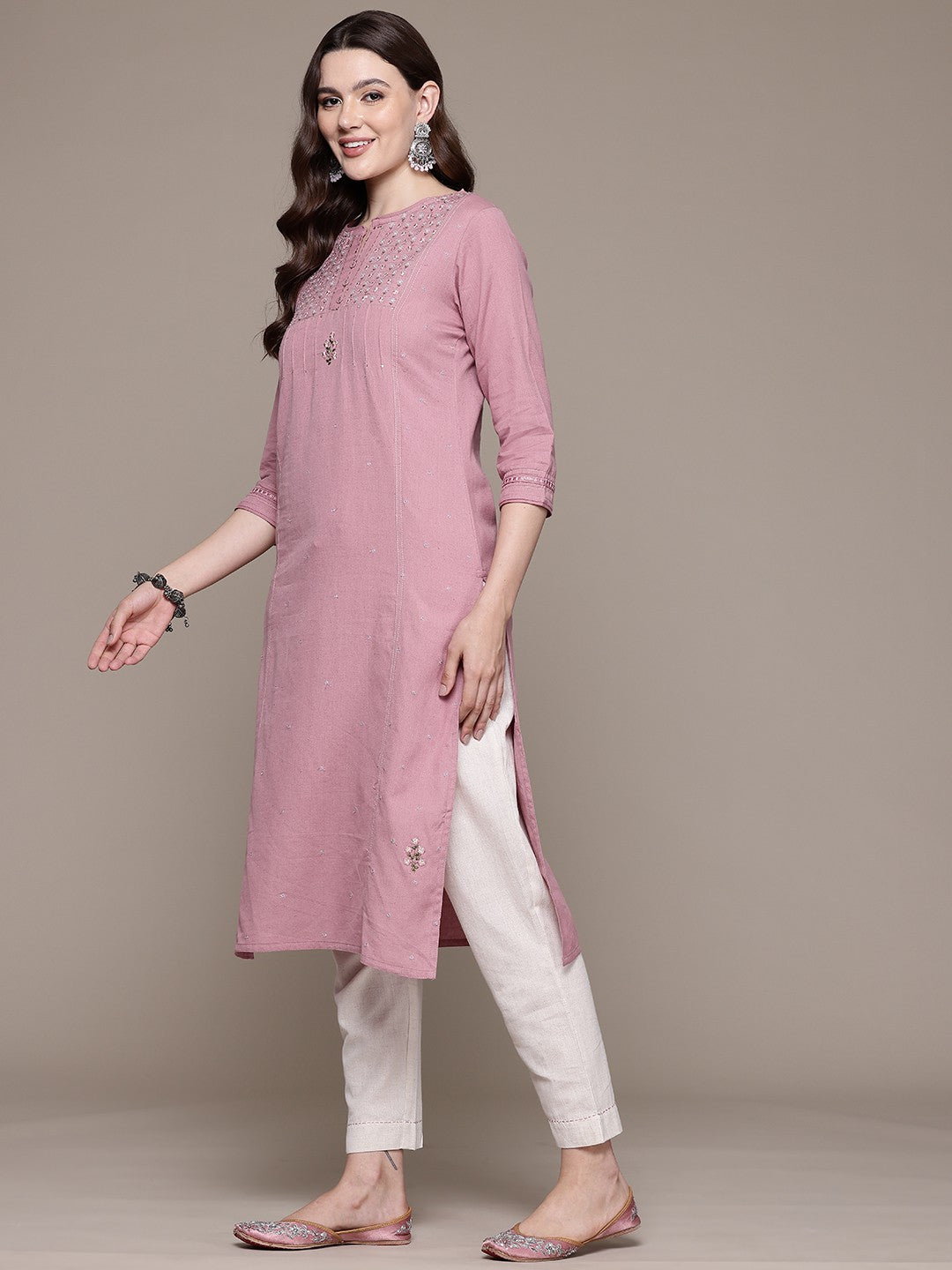 Straight style Cotton fabric Mauve color kurta with Bottom