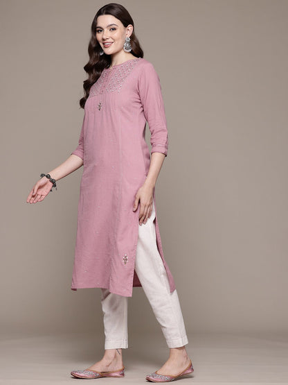 Straight style Cotton fabric Mauve color kurta with Bottom