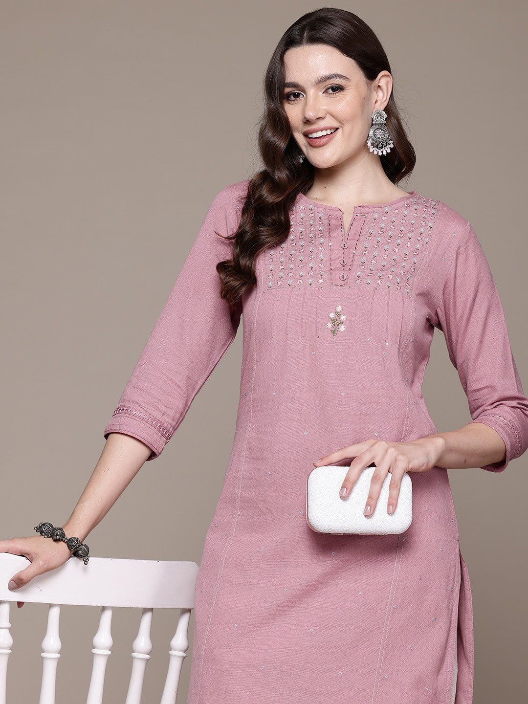 Straight style Cotton fabric Mauve color kurta with Bottom