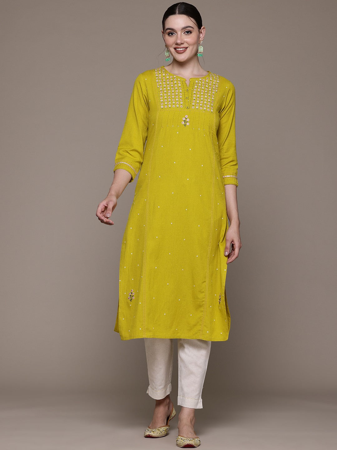 Straight style Cotton fabric Mustard color kurta with Bottom