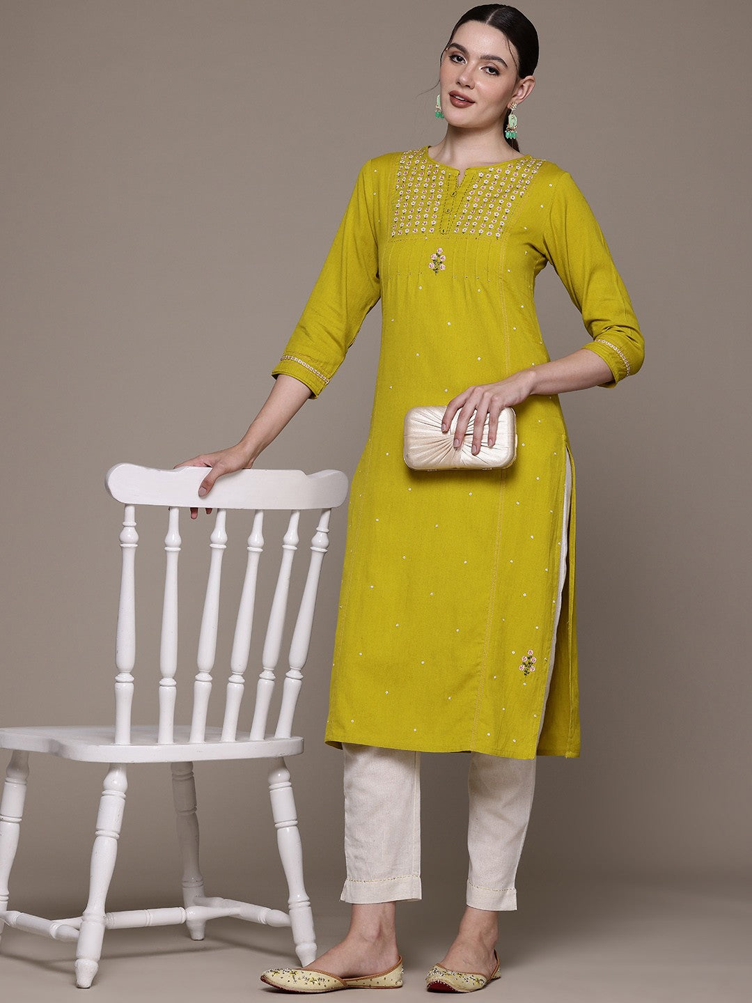 Straight style Cotton fabric Mustard color kurta with Bottom