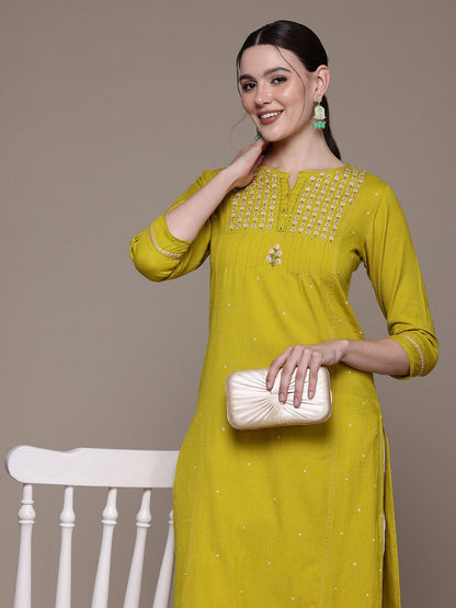 Straight style Cotton fabric Mustard color kurta with Bottom