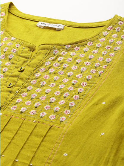 Straight style Cotton fabric Mustard color kurta with Bottom