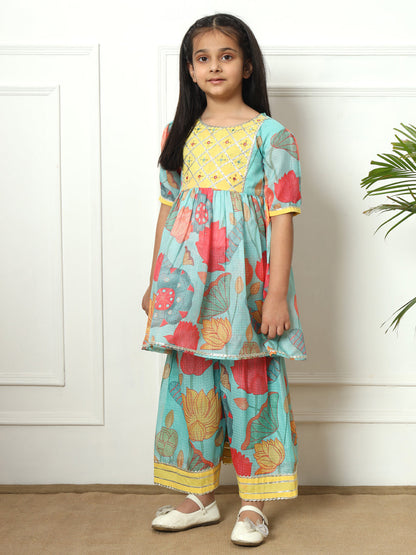 Frock style Kota Doria fabric Sea Green color Kurti with Sharara