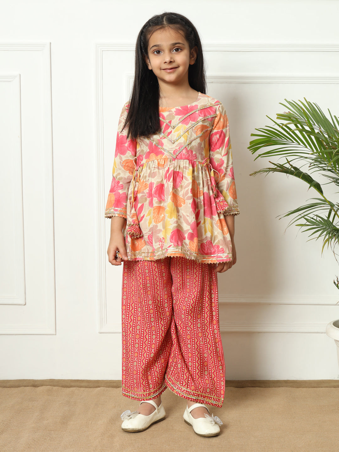Frock style Silk fabric Pink color Kurti with Bottom
