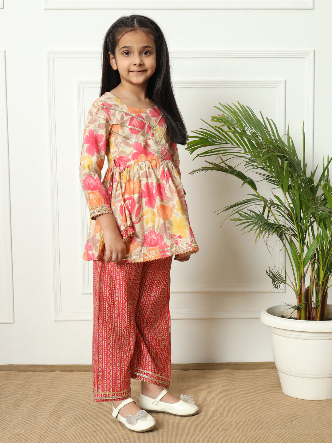 Frock style Silk fabric Pink color Kurti with Bottom