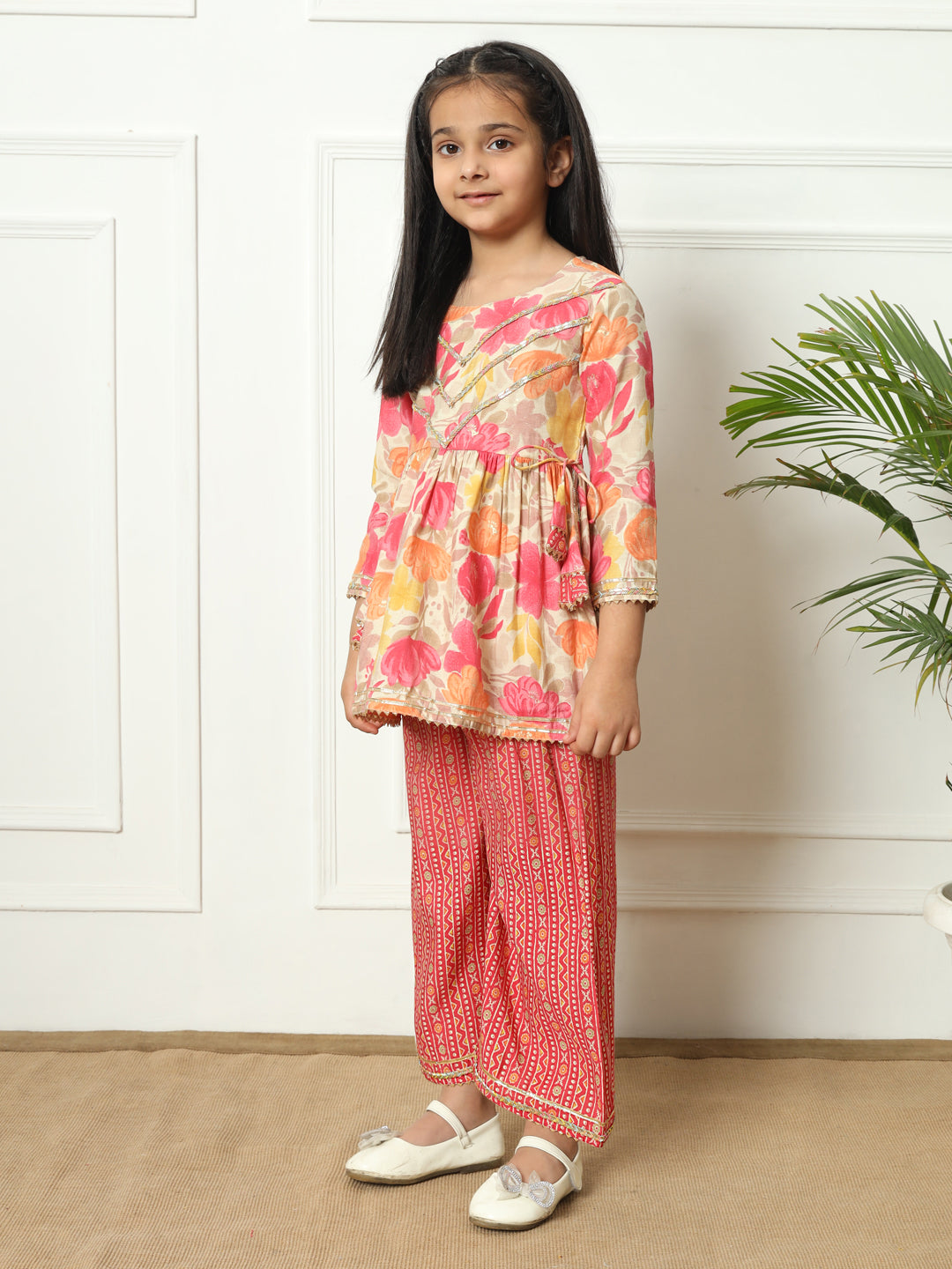 Frock style Silk fabric Pink color Kurti with Bottom