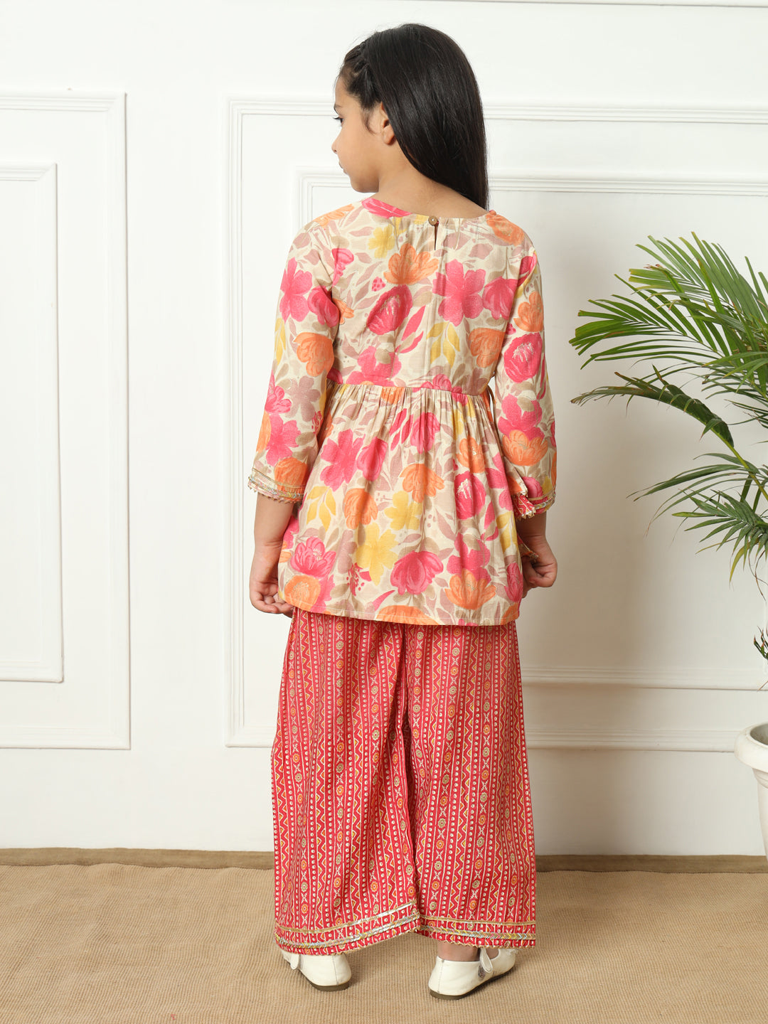 Frock style Silk fabric Pink color Kurti with Bottom