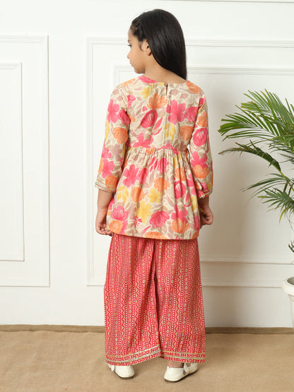 Frock style Silk fabric Pink color Kurti with Bottom