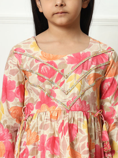 Frock style Silk fabric Pink color Kurti with Bottom