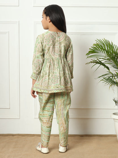 Frock style Silk fabric Olive color Kurti with Bottom