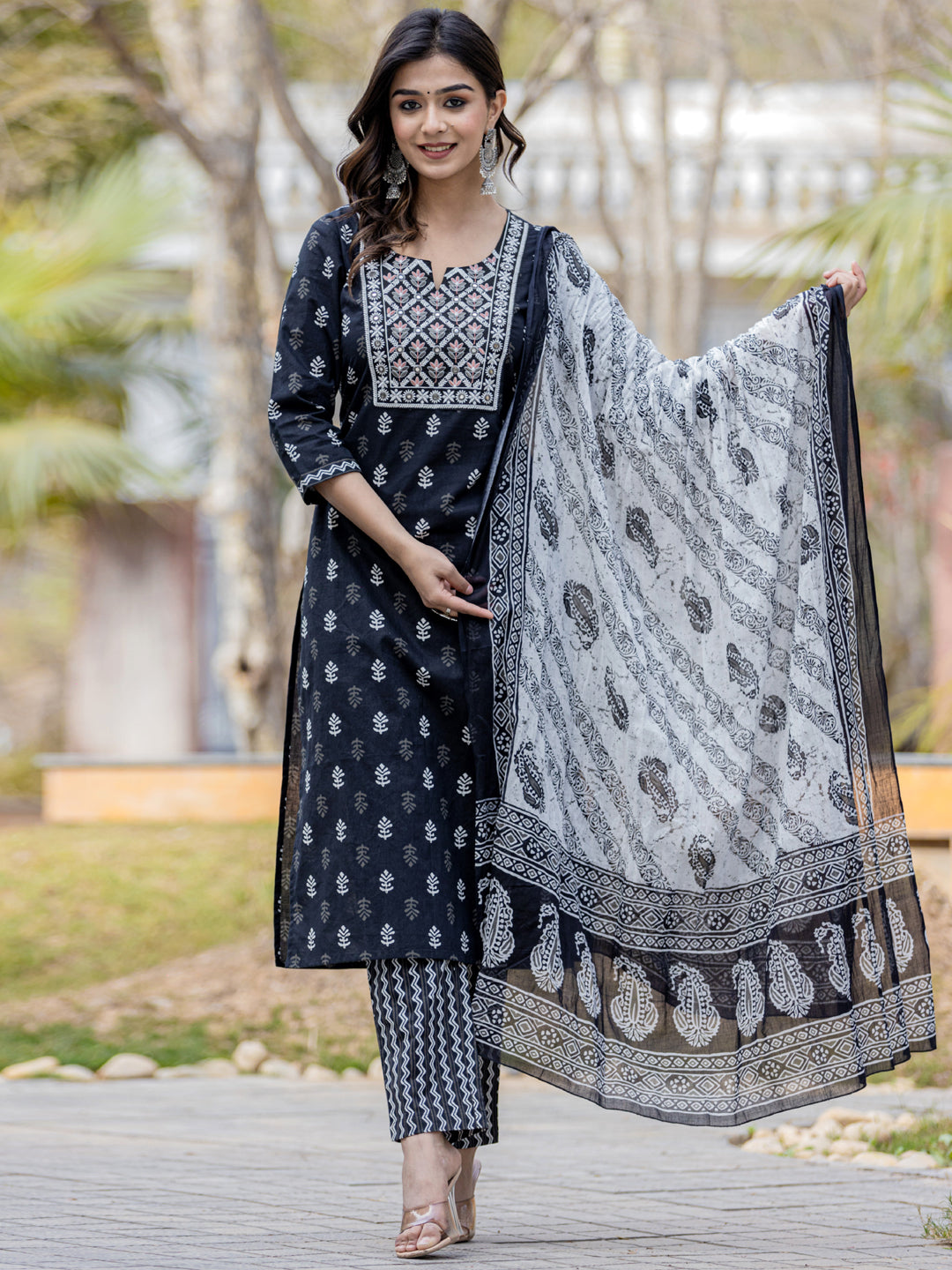 Straight Style Cotton Fabric Black Color Embroidered Printed Kurti With Palazzo And Dupatta