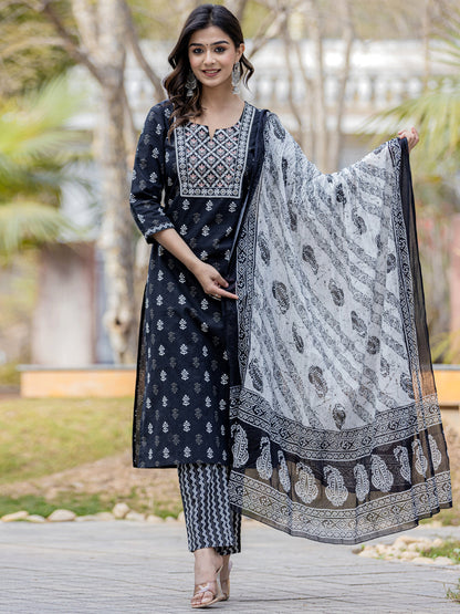 Straight Style Cotton Fabric Black Color Embroidered Printed Kurti With Palazzo And Dupatta