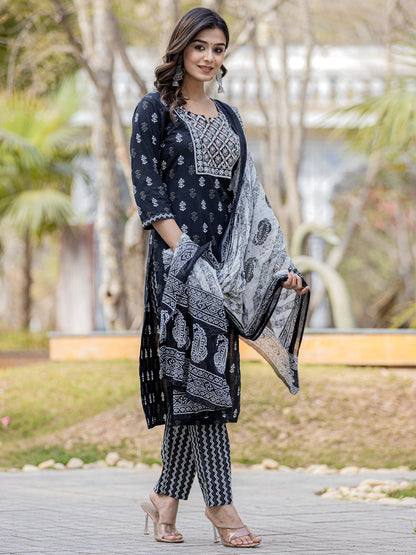 Straight Style Cotton Fabric Black Color Embroidered Printed Kurti With Palazzo And Dupatta