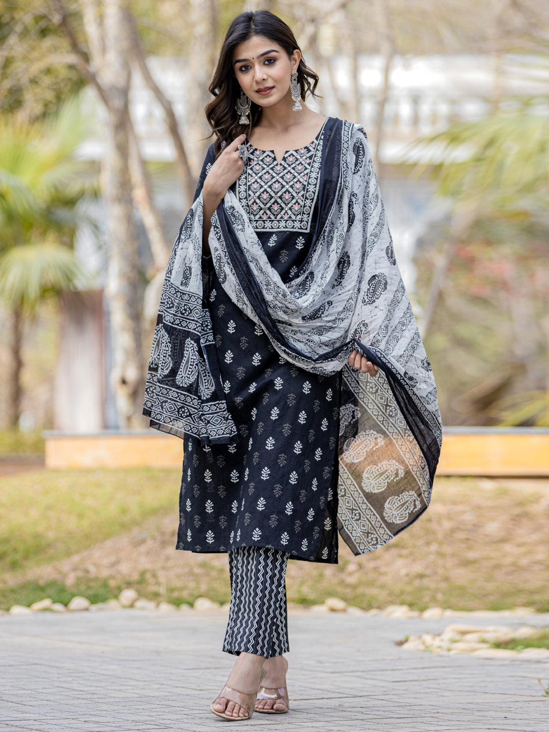 Straight Style Cotton Fabric Black Color Embroidered Printed Kurti With Palazzo And Dupatta