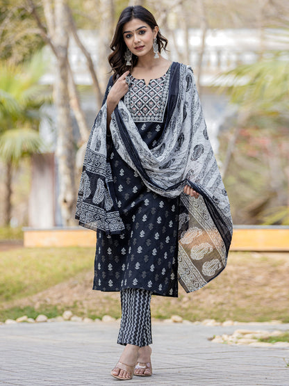 Straight Style Cotton Fabric Black Color Embroidered Printed Kurti With Palazzo And Dupatta