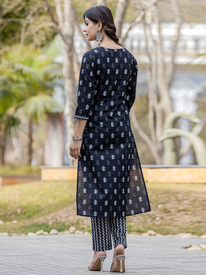 Straight Style Cotton Fabric Black Color Embroidered Printed Kurti With Palazzo And Dupatta