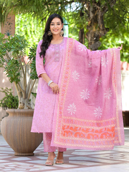 Straight Style Cotton Fabric Mauve Color Embroidered Printed Kurti With Palazzo And Dupatta