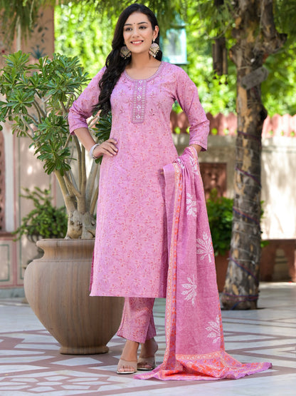 Straight Style Cotton Fabric Mauve Color Embroidered Printed Kurti With Palazzo And Dupatta