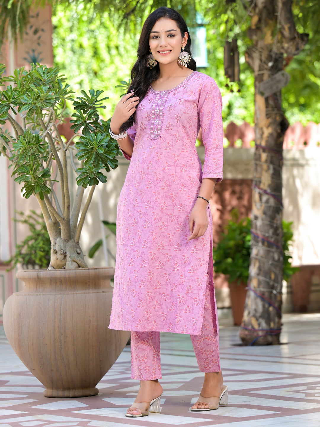 Straight Style Cotton Fabric Mauve Color Embroidered Printed Kurti With Palazzo And Dupatta