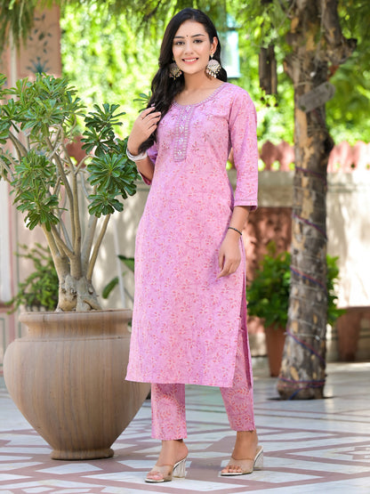 Straight Style Cotton Fabric Mauve Color Embroidered Printed Kurti With Palazzo And Dupatta