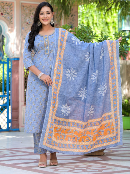 Straight Style Cotton Fabric Grey Color Embroidered Printed Kurti With Palazzo And Dupatta