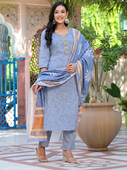 Straight Style Cotton Fabric Grey Color Embroidered Printed Kurti With Palazzo And Dupatta