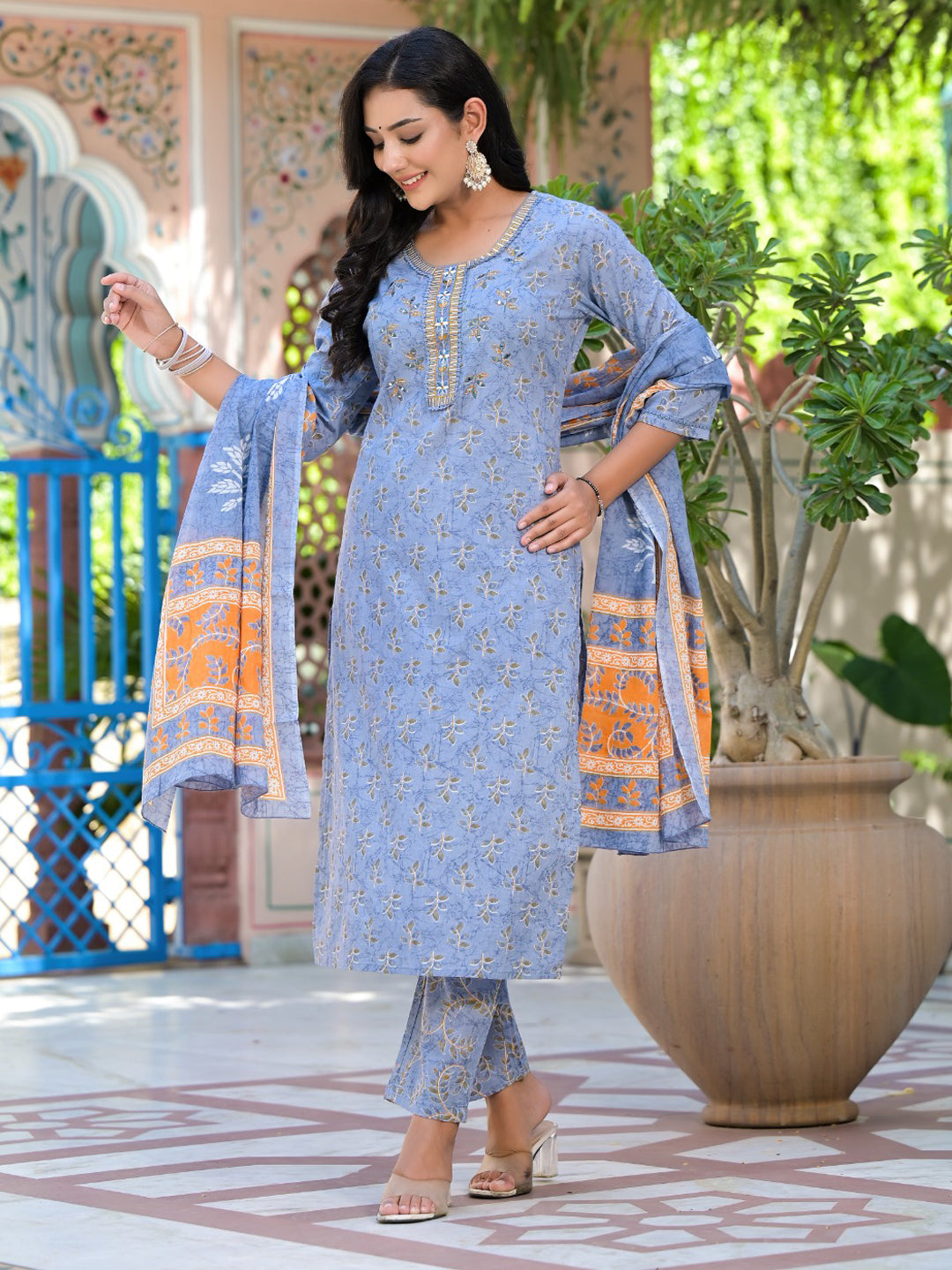 Straight Style Cotton Fabric Grey Color Embroidered Printed Kurti With Palazzo And Dupatta