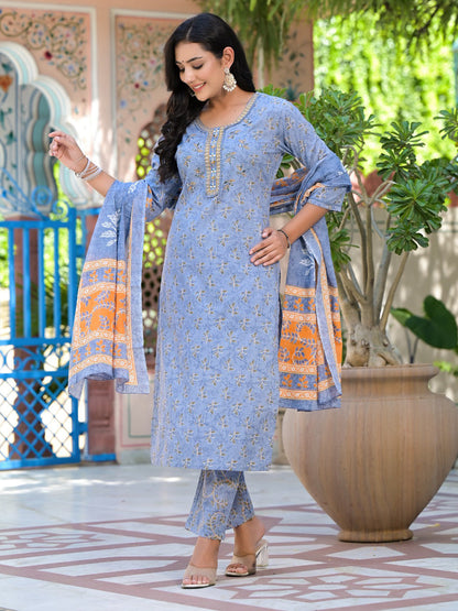 Straight Style Cotton Fabric Grey Color Embroidered Printed Kurti With Palazzo And Dupatta