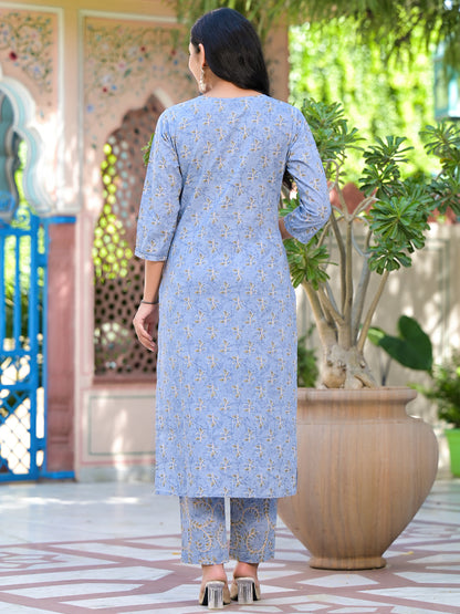 Straight Style Cotton Fabric Grey Color Embroidered Printed Kurti With Palazzo And Dupatta