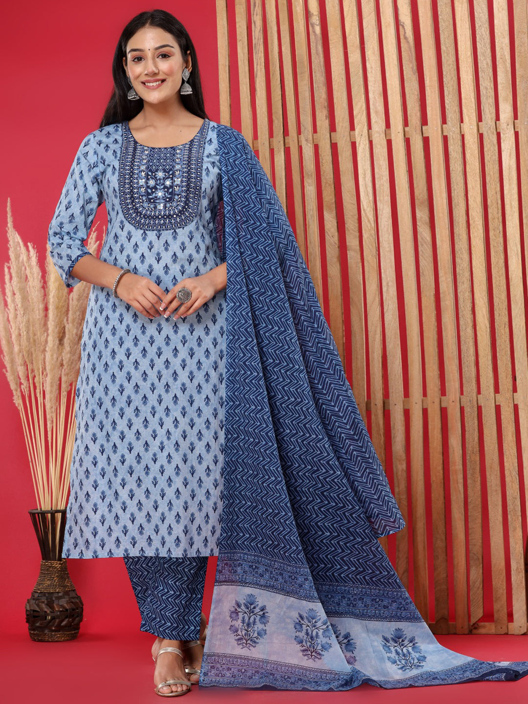 Straight Style Cotton Fabric Navy Blue Color Embroidered Floral Printed Kurti With Palazzo And Dupatta