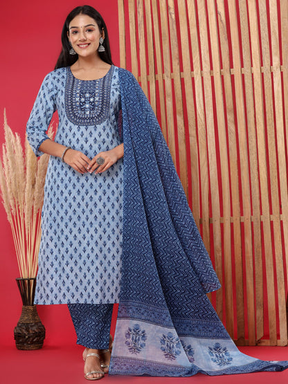 Straight Style Cotton Fabric Navy Blue Color Embroidered Floral Printed Kurti With Palazzo And Dupatta