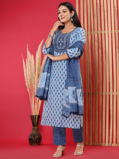 Straight Style Cotton Fabric Navy Blue Color Embroidered Floral Printed Kurti With Palazzo And Dupatta