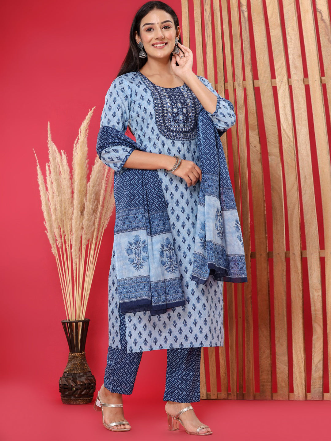 Straight Style Cotton Fabric Navy Blue Color Embroidered Floral Printed Kurti With Palazzo And Dupatta