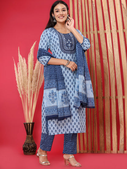 Straight Style Cotton Fabric Navy Blue Color Embroidered Floral Printed Kurti With Palazzo And Dupatta